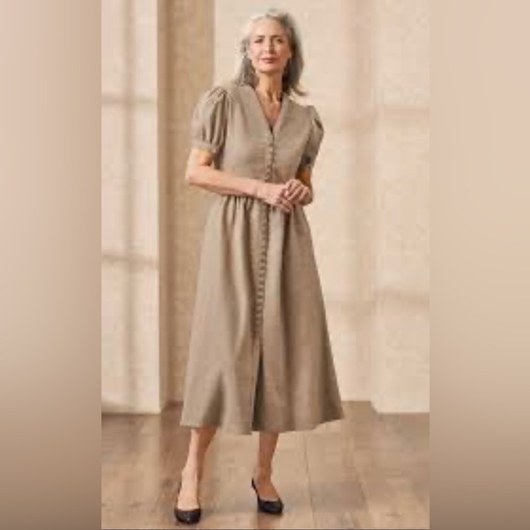 House of BRUAR Dresses & Skirts - HOUSE OF BRUAR V-Neck Midi Dress with Button Front in Taupe 100% Merino wool 16